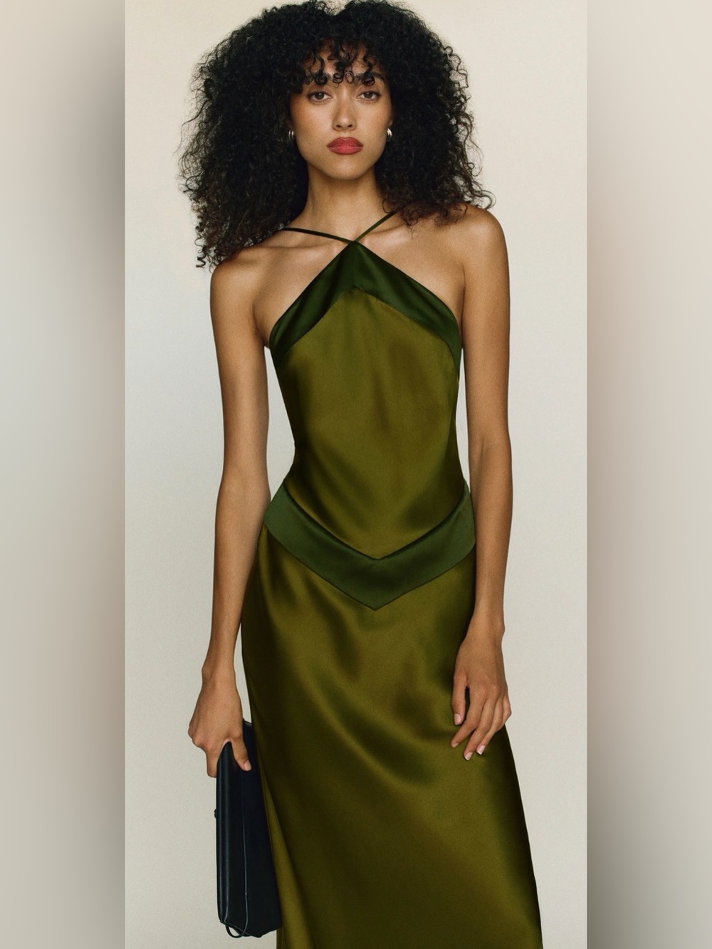 Reformation Olive Satin Slip Maxi Dress with Folded Waist Panel